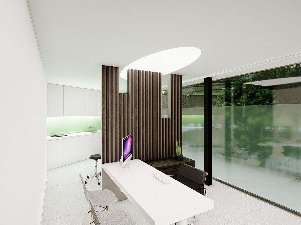 Ontwerpbeeld van een licht kabinet met bureau en grote ramen