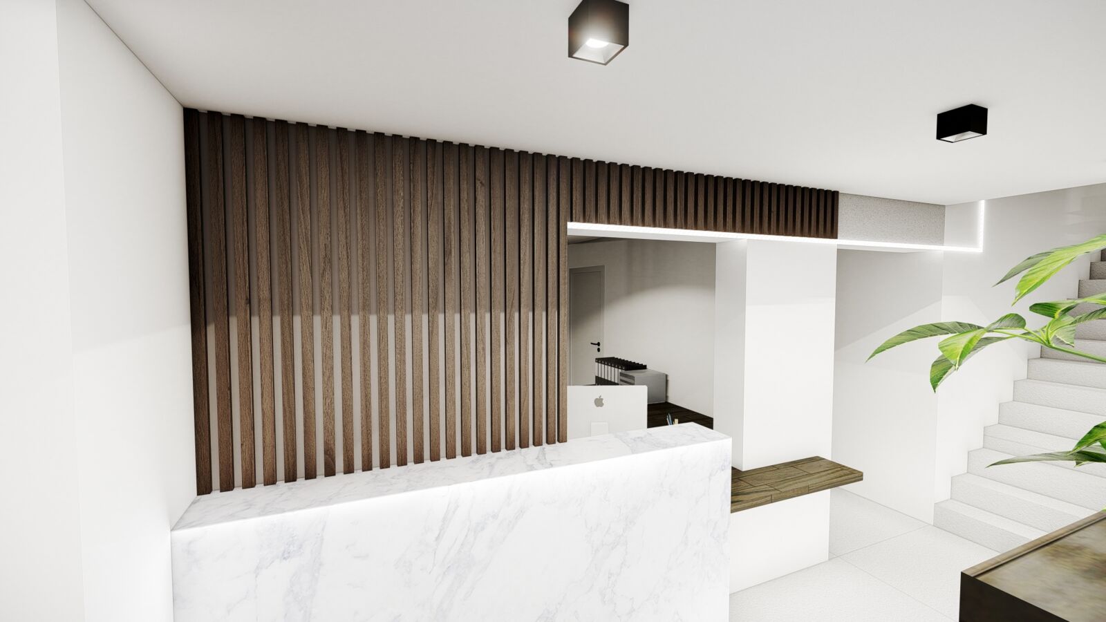 Ontwerpbeeld van het onthaal van W-Care: een lichte balie in wit marmer voor een wand met houten latten