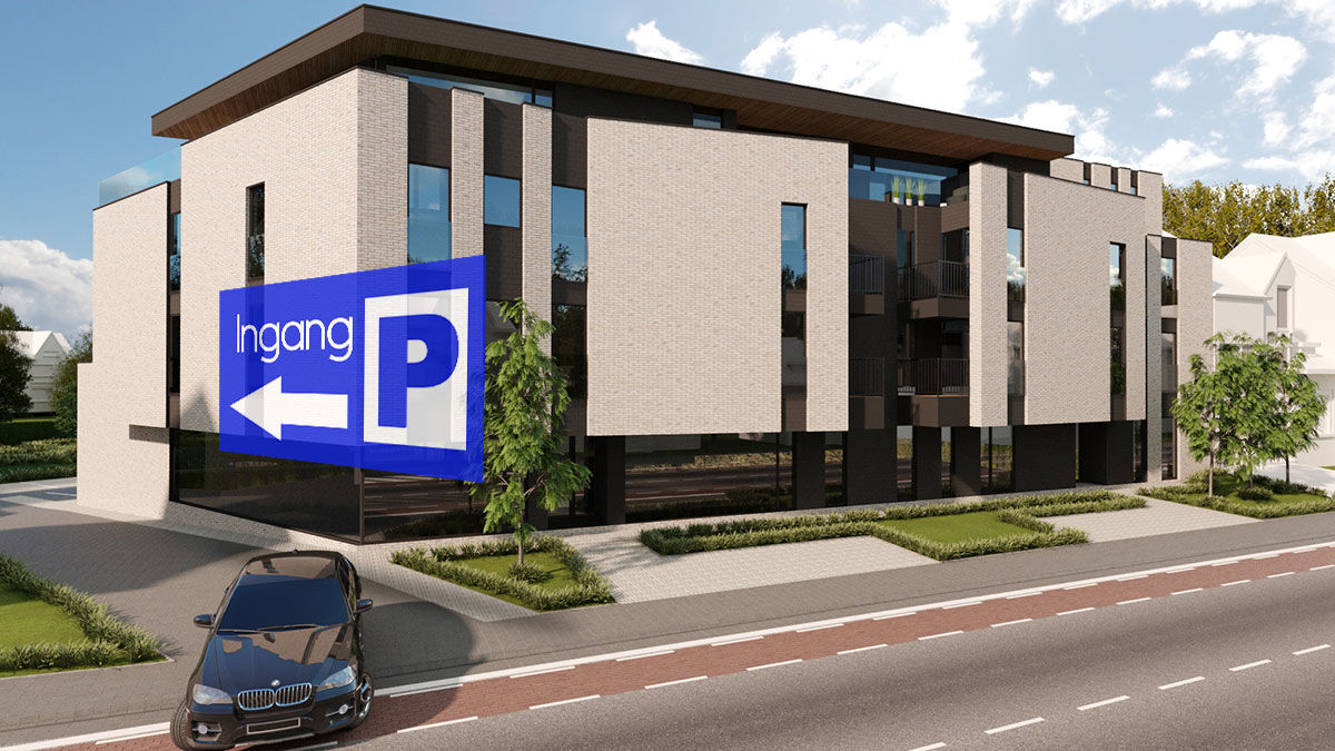 Tekening van het gebouw van W-Care, gezien vanaf de Tongersesteenweg. Een blauw bord ‘Ingang P’ met een pijl naar links wijst naar de parking.